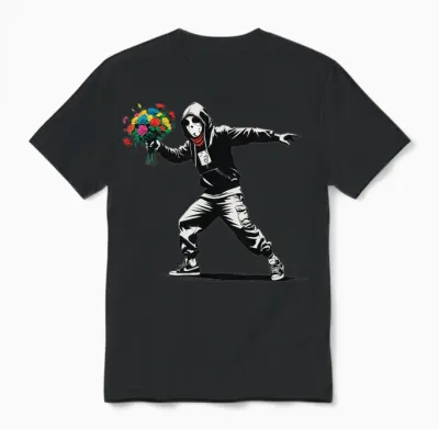 Banksy Protester Throwing Flowers Unisex T-Shirt - Black