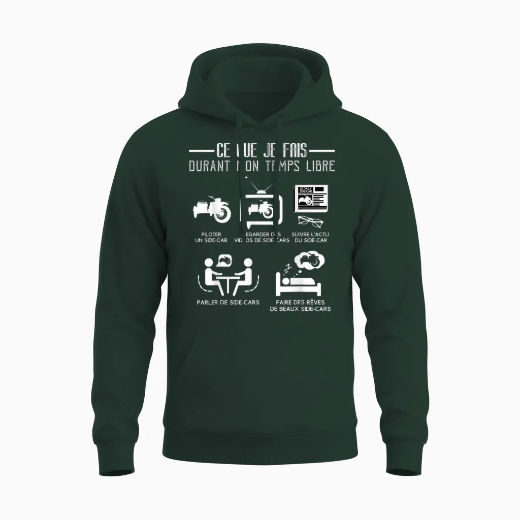 Side-Car Free Time Funny Quote Humour Passion T-Shirt, Black, S Unisex Hoodie in Forest