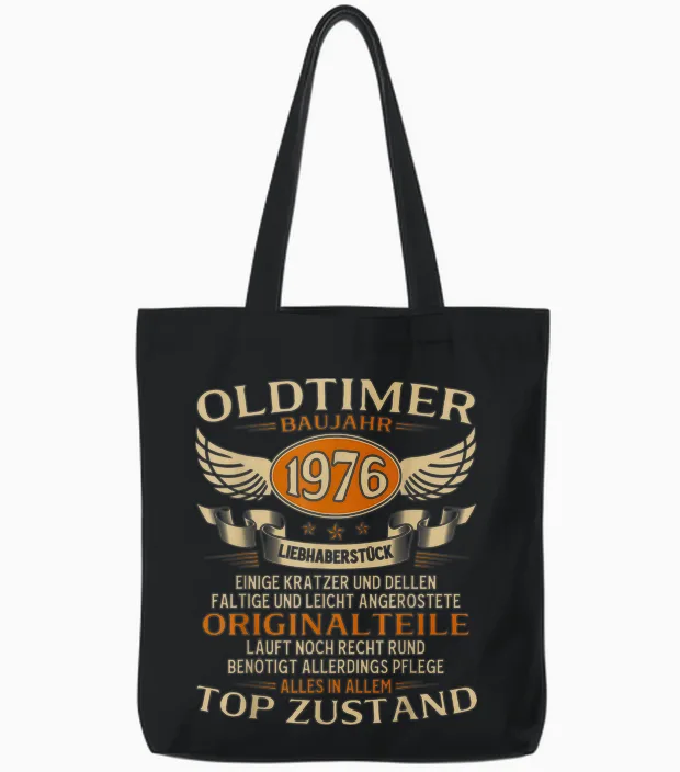 50th Birthday Man Gift Oldtimer 1976 50 Years Decorative Tote Bags in Black