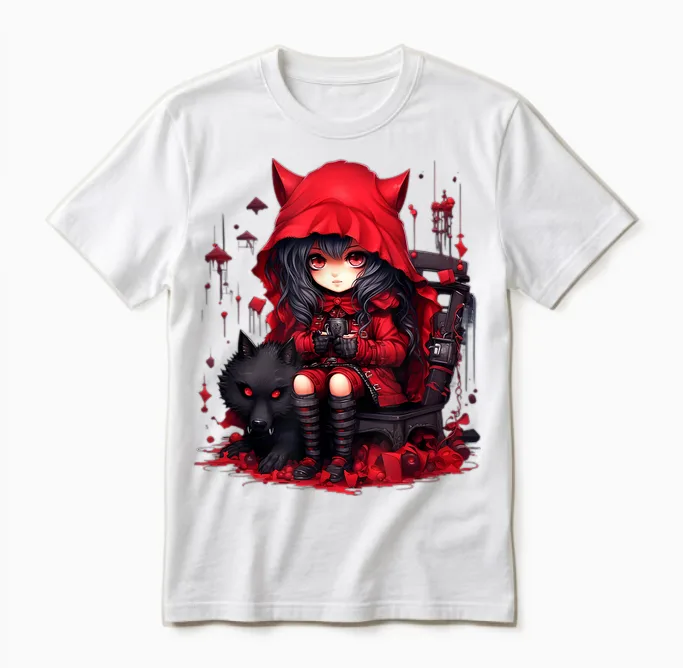 Chibi Little Red Riding Hood and Bad Wolf | Anime Kawaii Style T-Shirt, Black Unisex T-Shirt in White