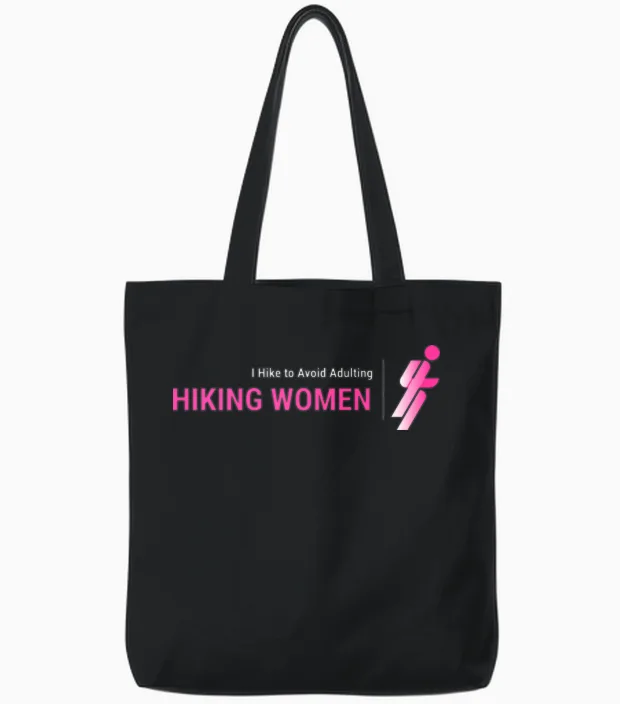 I Hike to Avoid Adulting, Women Hiking Tote Bags in Black