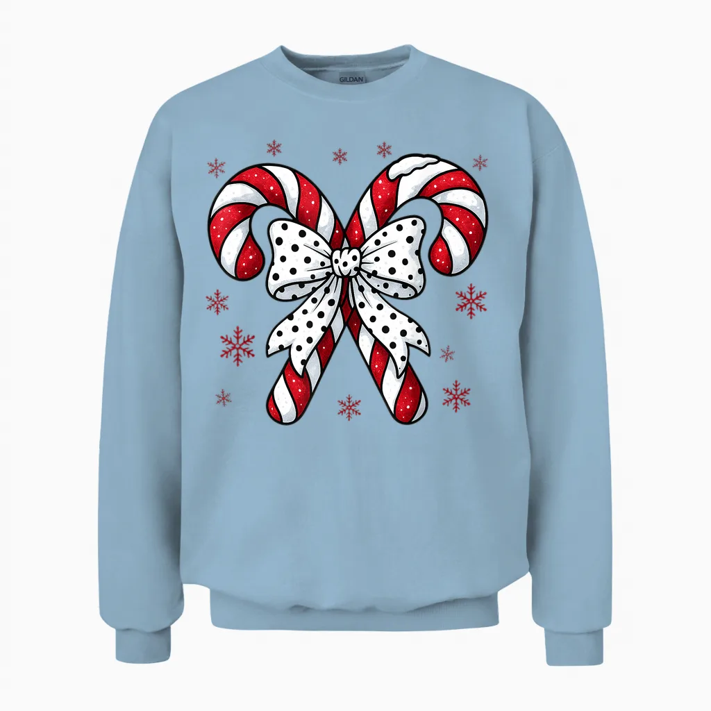 Candy Cane Christmas Season Girls Womens Retro Coquette Bow Unisex Sweatshirt in Light Blue