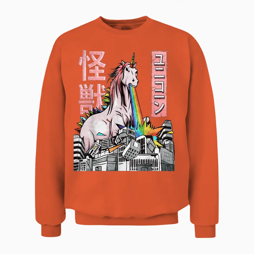 Japanese Kaiju Clothes - Japanische Kleidung: Kaiju Unicorn Japanese Monster Anime Merch Manga T-Shirt (black, Small, Unisex, Short Sleeve, T-Shirt, Anime, Casual, Men, Boys) Unisex Sweatshirt in Orange