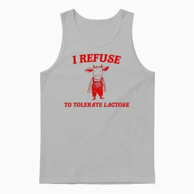 I Refuse to Tolerate Lactose, Funny Retro Cow in Vintage T-Shirt, White Unisex Tank Top - Ash