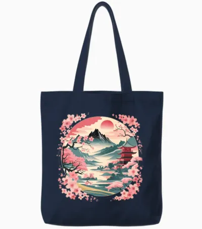 Vintage Japanese Cherry Blossom Flower Landscape Mountain Tote Bags - Navy