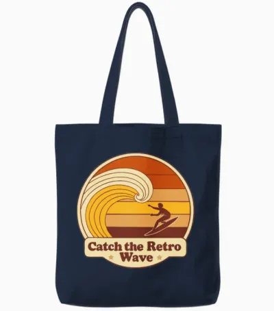 Catch the Retro Wave Earthy Surfer Retro 70s Tote Bags - Navy