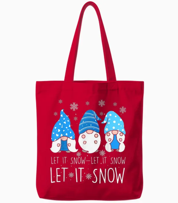 Let It Snow Cute Three Blue Gnome Matching Family Merry Xmas Tote Bags in Red