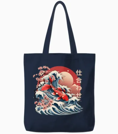 Majestic Koi Fish Ukiyo-E Japanese Design Tote Bags - Navy