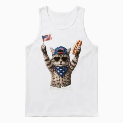 Retro Funny America Cat Hot Dog Lovers Patriotic Us Unisex Tank Top - White