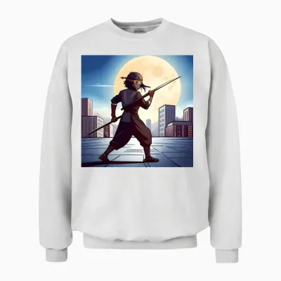 Design of a Ninja Boy in a City Unisex Sweatshirt - White