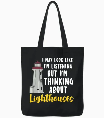 Funny Lighthouse Illustration Tote Bags - Black