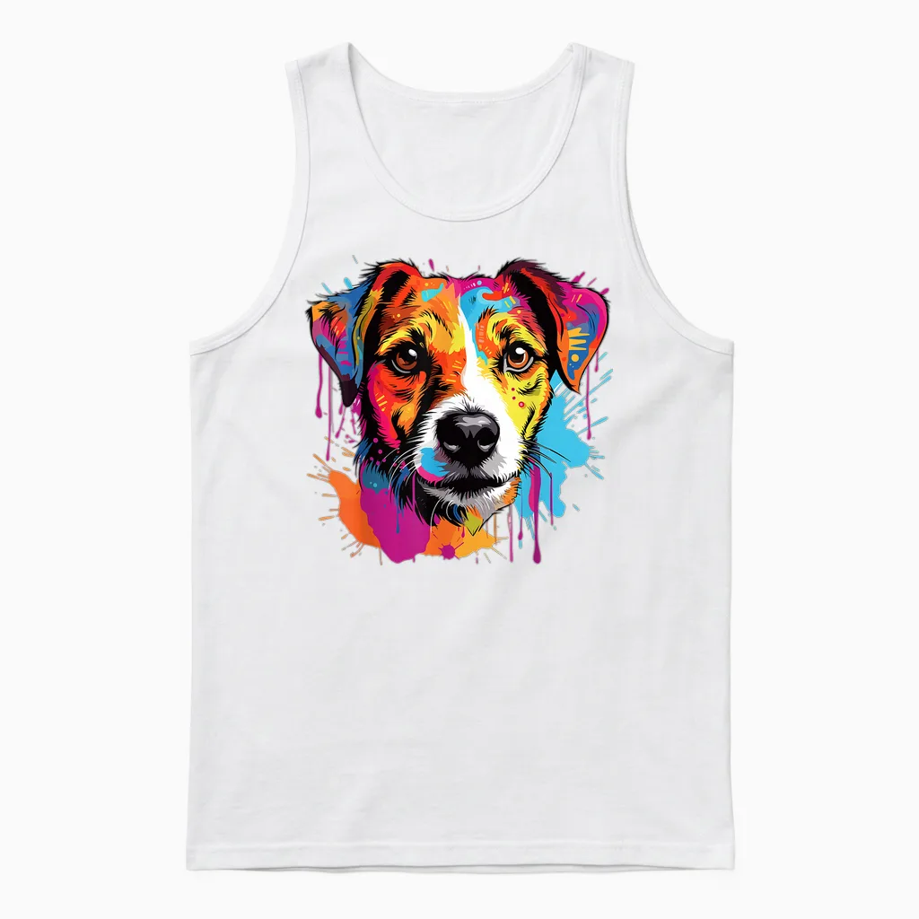 Jack Russell Terrier Dog Breed Pop Art Colorful T-Shirt, Black, S Unisex Tank Top in White