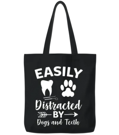 Easily Distracted by Dogs and Teeth Funny Dental Tote Bags - Black