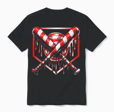 Baseball Candy Cane Christmas Baseball Ice Cream Drip Boys Unisex T-Shirt - Black