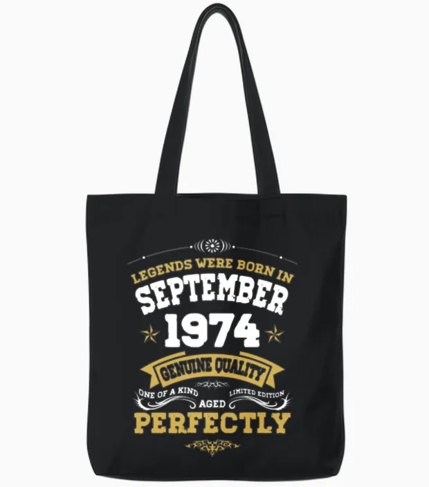 Vintage Aged to Perfection September 1974 Tote Bags in Black