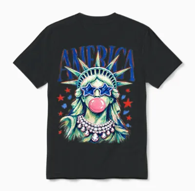 Brushstroke Statue of Liberty Blowing Bubble Gum 4th of July Unisex T-Shirt - Black