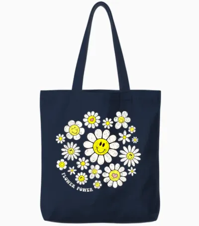 Flower Power Süßes Lächeln, Gesichtsblume, Happy Face, Blumen, Mädchen Tote Bags - Navy