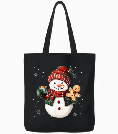 Snowman Beanie Coffee Latte Ginggerbread Merry Christmas Tote Bags - Black