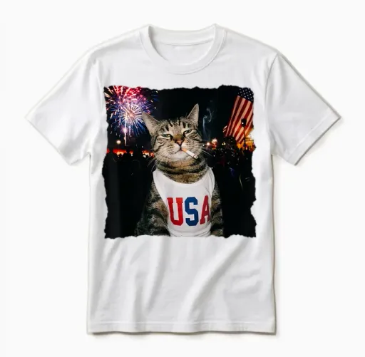 Patriotic Smoking Cat Lovers Unisex T-Shirt in White