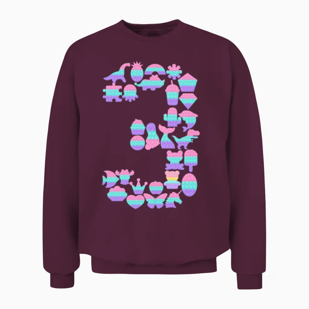 Kids Pop It 3th Year Old 3rd Birthday Fidget Pop Unisex Sweatshirt in Maroon