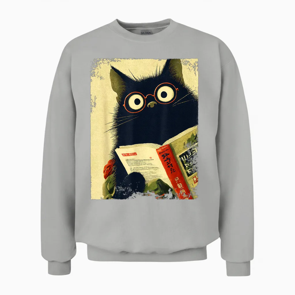 Vintage Japanese Cat for Book Lover Librarian Cat Daddy Teacher Unisex Sweatshirt in Ash