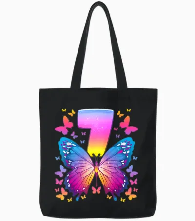 7th Birthday Girl 7 Years Butterfly Number 7 T-Shirt, Black Tote Bags - Black
