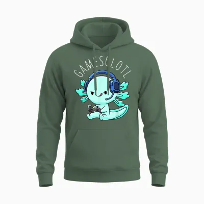 Otaku Lifestyle Threads Shirt Co. Gamesolotl Axolotl Gamer Anime Gifts Kawaii Boys Girls T-Shirt, Black Unisex Hoodie - Military Green