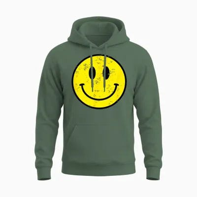 Retro 70s 80s Happy Face Yellow Smile Face Funny Vintage T-Shirt, Black Unisex Hoodie - Military Green
