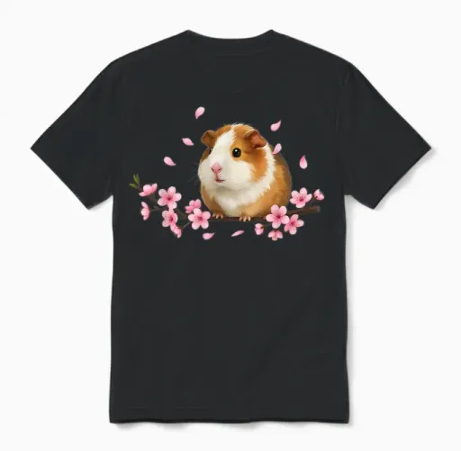 Japanische Meerschweinchen Kirschblüten Sakura Grafik Unisex T-Shirt in Black