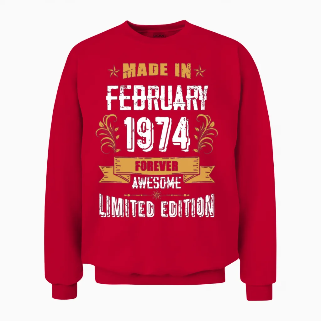 February 1974 Vintage Birthday Present Unisex Sweatshirt in Red