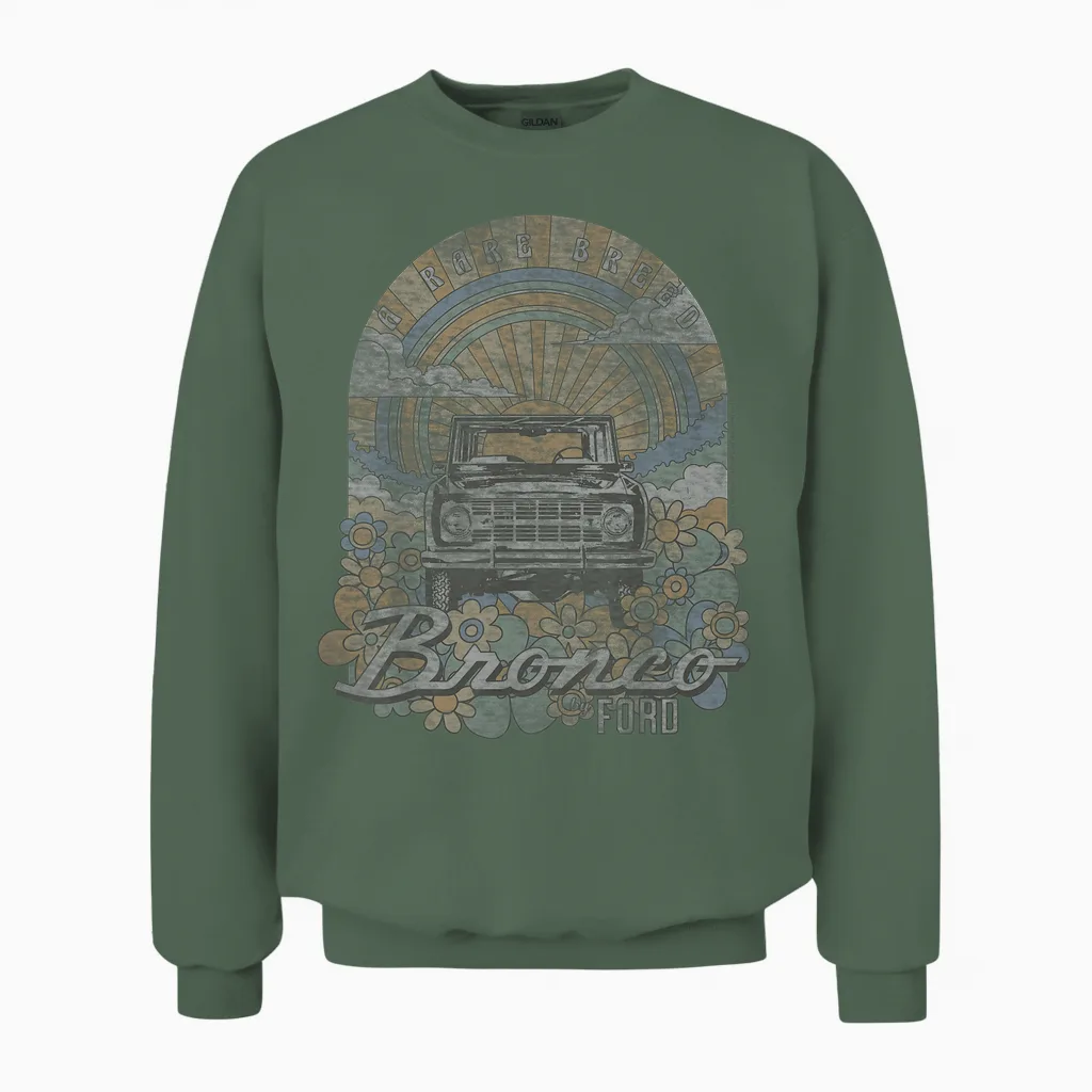 Ford - Bronco a Rare Breed Retro Flowers and Sun Unisex Sweatshirt in Military Green