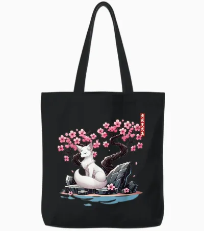 Japanese Kitsune Yokai White Fox Ghost Ukiyo E Sakura Tote Bags - Black