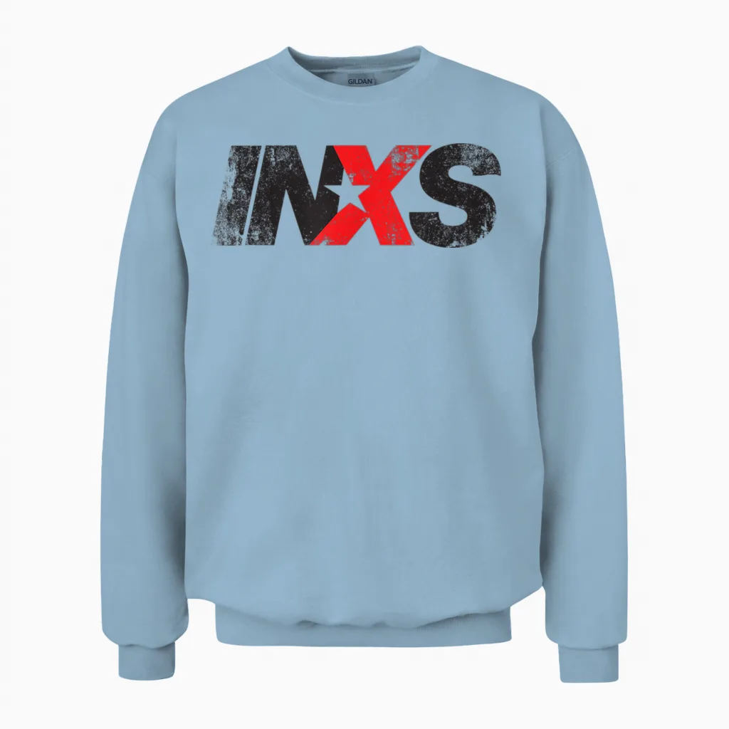 Inxs β Distressed Logo on White Unisex Sweatshirt in Light Blue