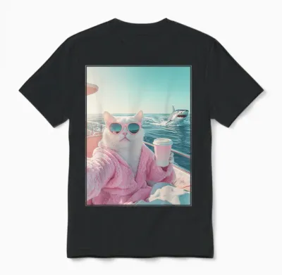 Relaxed Cat on Yacht Boat and Shark Funny Cat Meme Unisex T-Shirt - Black