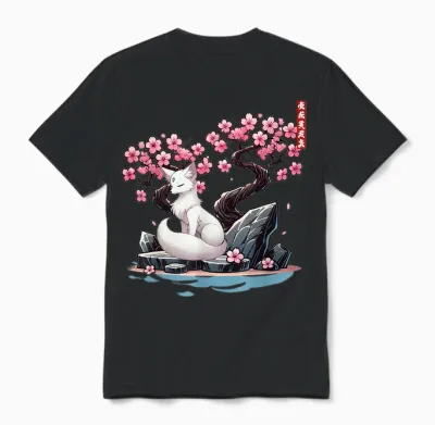 Japanese Kitsune Yokai White Fox Ghost Ukiyo E Sakura Unisex T-Shirt - Black