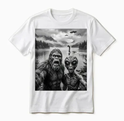 Bigfoot Et Alien Selfie Avec Le Monstre Du Loch Ness Ufo Unisex T-Shirt - White