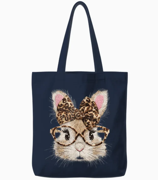 Funny Bunny Face Glasses Bandana Leopard Rabbit Happy Easter Tote Bags in Navy