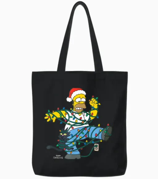 The Simpsons Holiday Homer Simpson Christmas Lights Tangle Tote Bags in Black