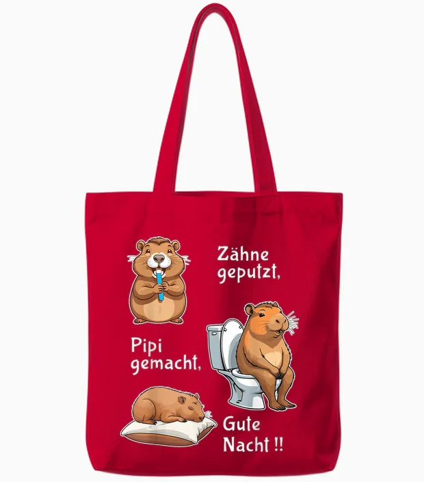 Teeth, Pipi Made Good Night Capybara Sleep Tote Bags in Red
