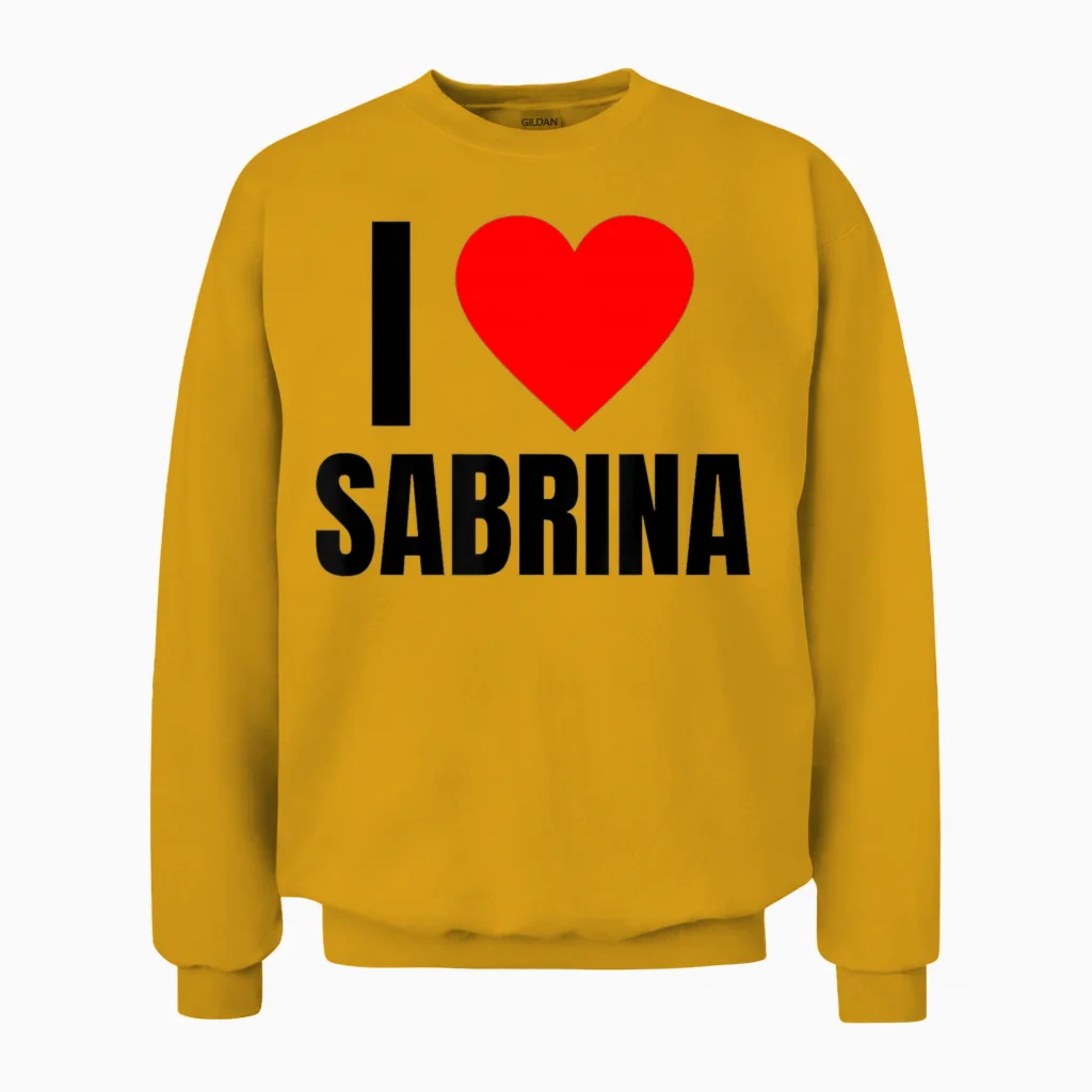 Personalised Name I Love Sabrina for Women Heart Shaped Unisex Sweatshirt in Gold