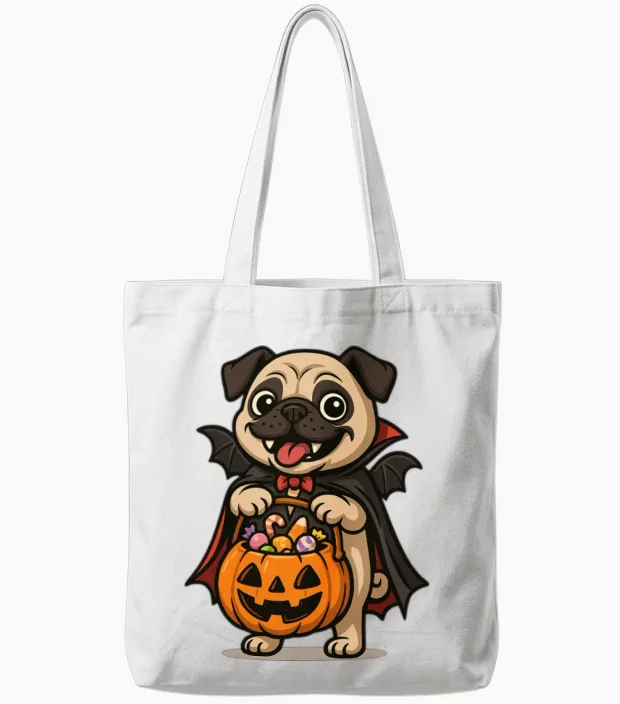 Bat Pug Halloween Pumpkin Tote Bags in White