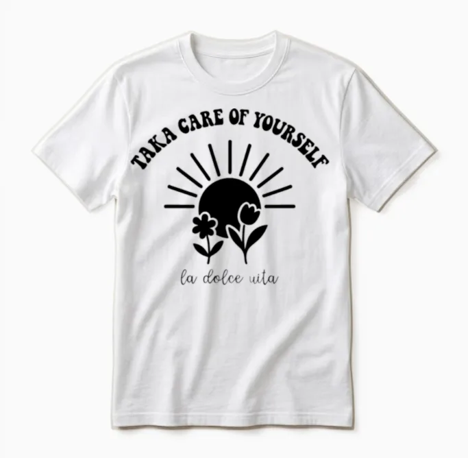 Shine Bright, Grow Free Taka Care of Yourself Unisex T-Shirt in White