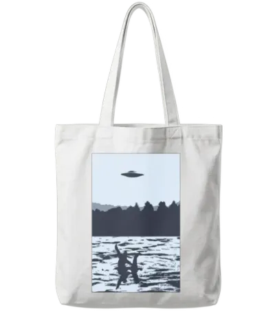 Ufo Over Bigfoot Riding on Nessie Lochness Monster Tote Bags - White