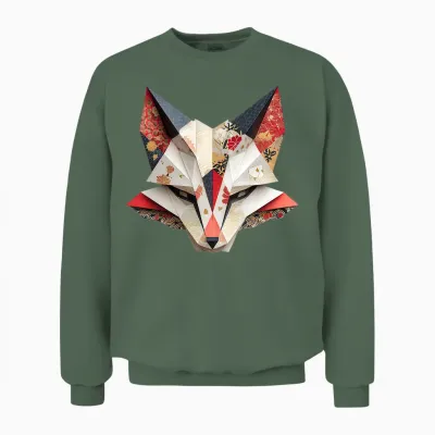 Kitsune Fuchsmaske Origami Japon Mythologie Inari Fuchs T-Shirt Haut De Gamme Unisex Sweatshirt - Military Green