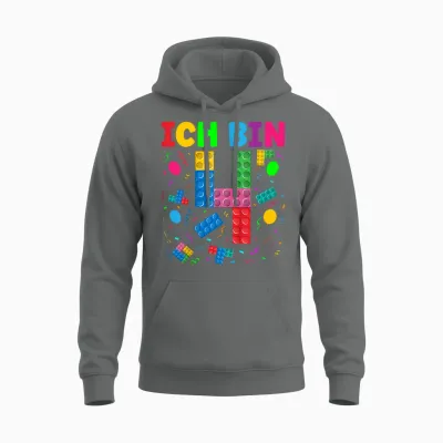 Children's T-Shirt with German Text "ich Bin 4 Building Blocks" 4th Birthday Boy Building Blocks, Black Unisex Hoodie - Graphite Heather