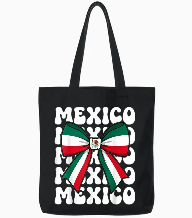 Mexico Coquette Bow Mexico Flag Cute Retro Mexican Girl Tote Bags in Black