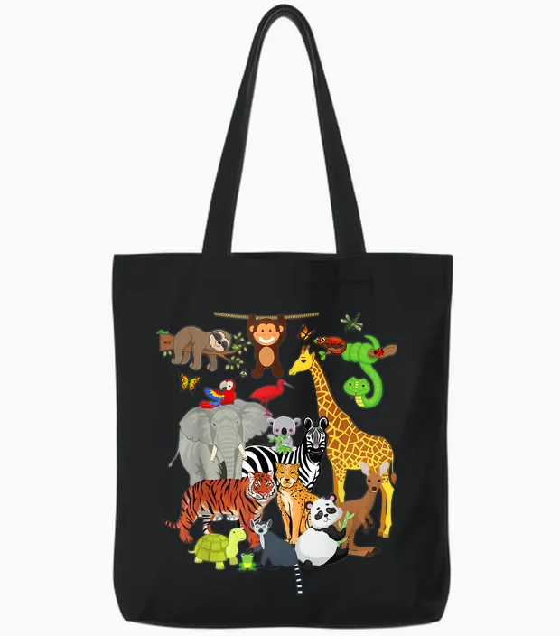 Zoo Animals Wildlife Birthday Party Zoo Day 26 Animals Tote Bags in Black