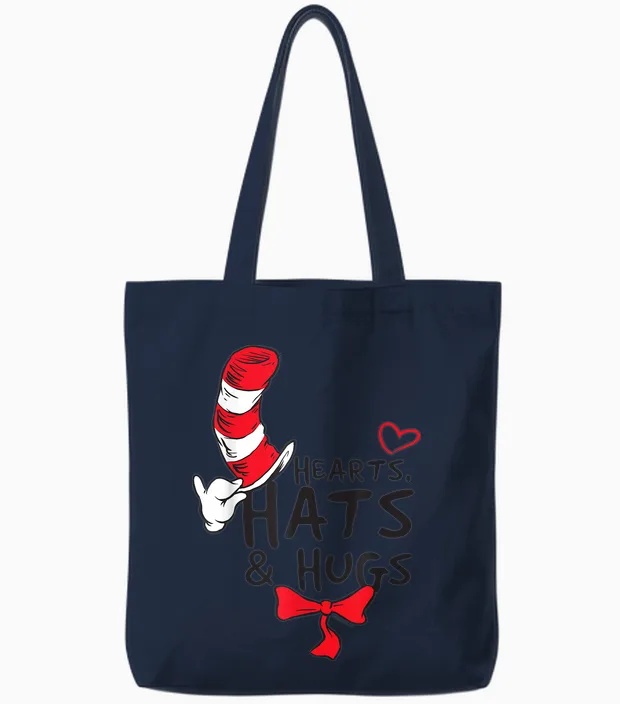 Dr. Seuss Cat in the Hat Hats & Hugs Officially Licensed Tote Bags in Navy