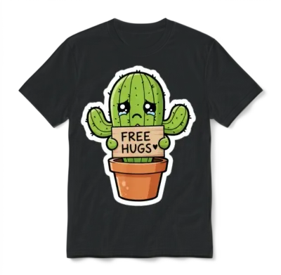 Free Hugs Cactus Sad Cute Plant Pun Unisex T-Shirt - Black