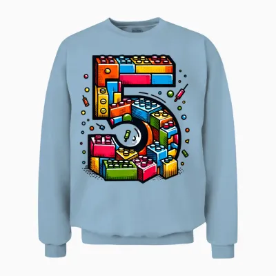 Children's 5th Birthday with Building Blocks Gift Idea T-Shirt, Black Unisex Sweatshirt - Light Blue
